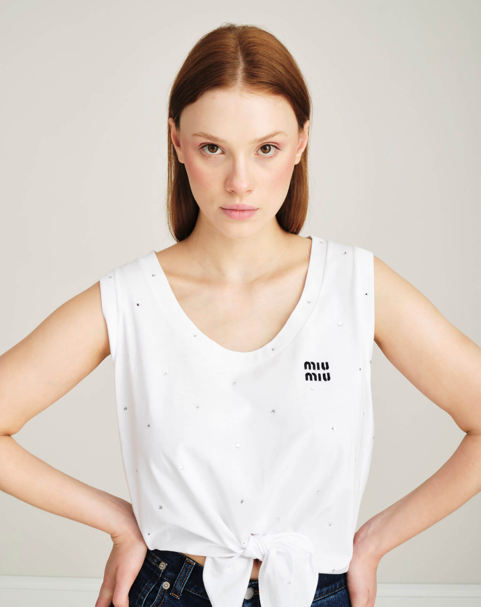 Miu Miu - Logo Crystal Embellished Knotted Sleveless Top M